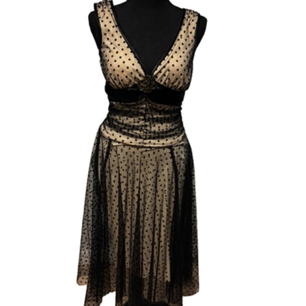 Vintage Babydoll Black Polka Dot Mesh Cocktail Dress Ruched Sz S whimsigoth y2k